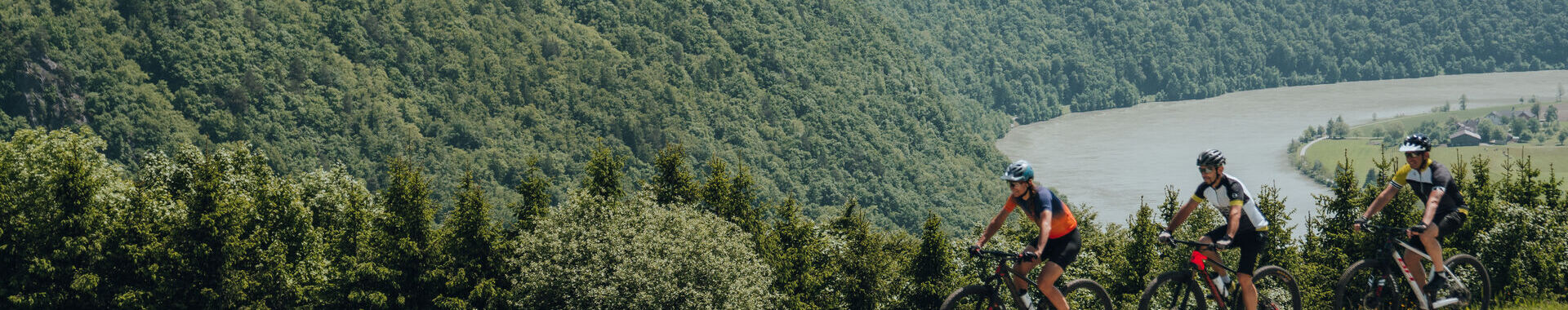 Eine Gruppe von Mountainbiker fährt am Panoramaplatz Kerschbaum vorbei.
